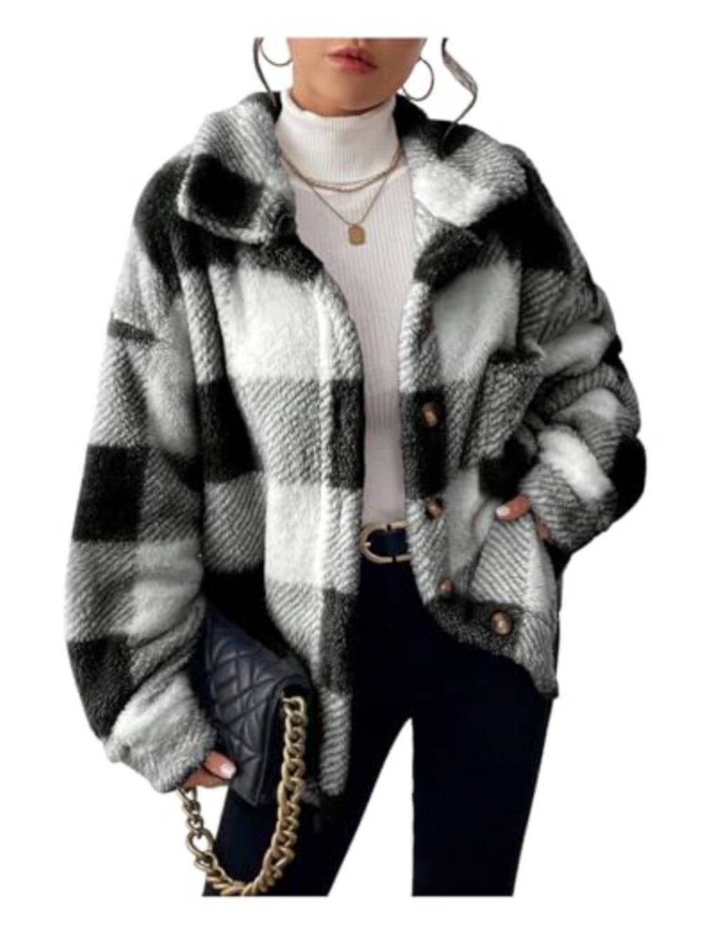 SHENHE Women's Plaid Fuzzy Fleece Jacket Button Down Oversized Sherpa Warm